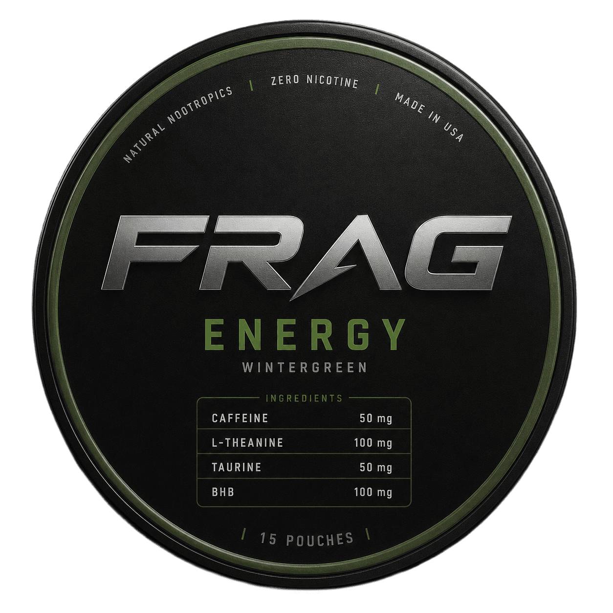 FRAG ENERGY Wintergreen tin — natural nootropics, zero nicotine, 15 pouches